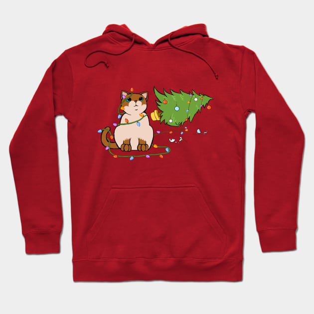 Meowy Christmas Siamese Cat Knocking Over Christmas Tree Hoodie by xenotransplant